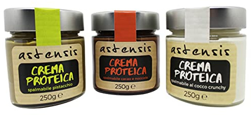 ASTENSIS Tris Proteico - Crema Proteica Spalmabile Pistacchio, Nocciola e Cocco Crunchy - Artigianali 250 Grammi - Proteine - Senza Zucchero, Senza Olio di Palma - Tris Proteico