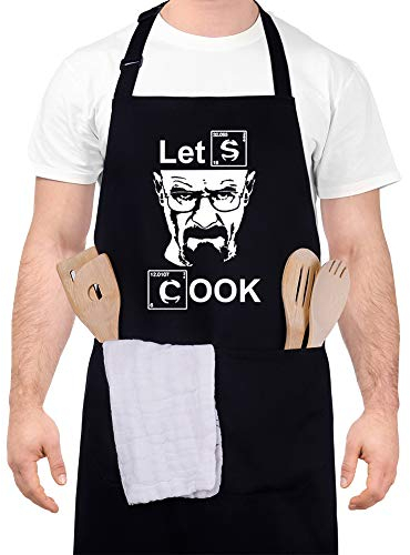 Xinzistar Tablier de Cuisine pour Homme, Let's Cook Tabliers de Cuisine Étanche Réglable Tablier Barbecue avec Poches Idée Cadeau Fête des pères(70 cm x 80 cm)