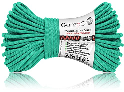 Ganzoo Paracord 550 Seil türkis, 4mm, Typ 3, Nylon Polyester, Hybrid, Armband, Hunde-Leine, Hunde-Halsband knüpfen, ca. 250kg Bruchlast, Outdoor Rope, Camping Schnur, Allzweckseil, 30 Meter