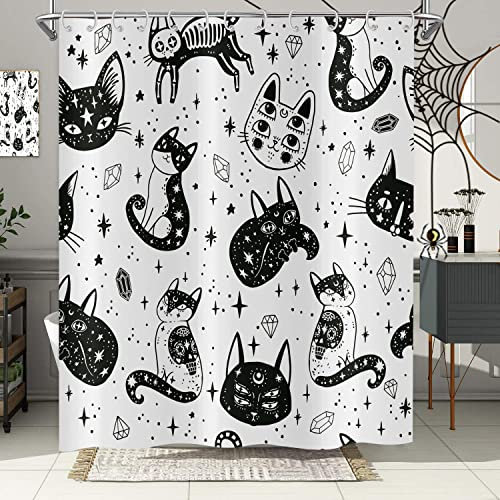 Hnmdmyi Duschvorhang Halloween 180x180, Schwarze und Weiße Katze Geisterschädel Mexikanischer Stil Lustig Spooky Cartoon Urlaub Badewanne Vorhang Wasserdicht Polyester Stoff Waschbar Badevorhang