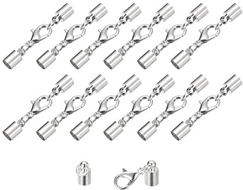 sourcing map 20Sets 5mm Leather Cord End Caps with Lobster Claw Clasps, Barrel Terminators for DIY Making Leather Bracelets, Silver Tone
