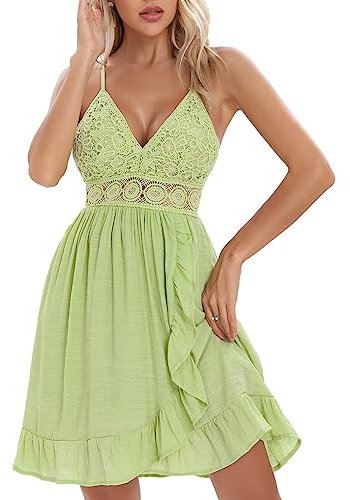 chuangminghangqi Vestito da Cocktail con Incrocio sul Retro e Scollo a V Corta Abito da Festa Estivo in Pizzo Vestiti da Sera Senza Maniche Spalline Regolabili (Verde,XL)
