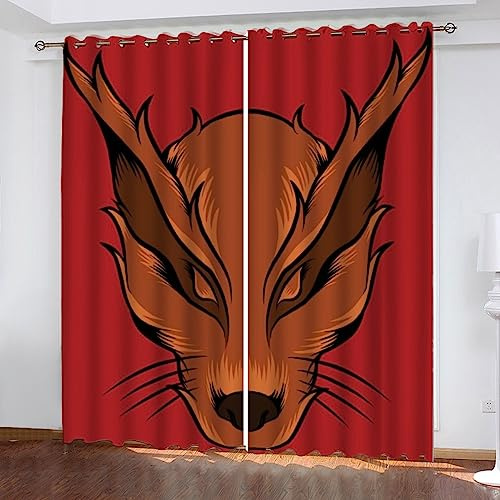 LUORU 3D Manga Vorhänge Abdunkelnd mit ösen 110x95 cm Polyester Scheibengardinen Fuchs Cartoon Kawaii Kawaii Gardinen Blickdicht 2er Set Schallschutz Vorhang für Kinderzimmer Wohnzimmer Schlafzimmer