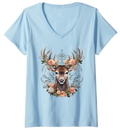 Damen Hirsch mit Rosen Blumen Trachtenhemd Dirndl Damen T-Shirt mit V-Ausschnitt