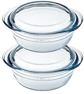 Ôcuisine® Casserole Glass Round Dishes with Handles Oven Safe - Freezer Safe - Microwave Safe Borosilicate Glass Made in France (Set of Two 2.1LT)