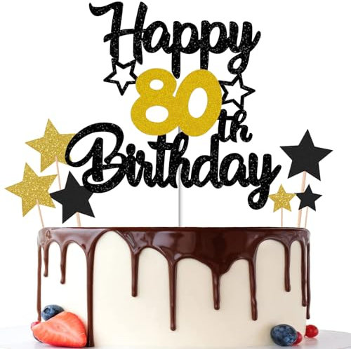 Gidobo 80th Birthday Cake Toppers, Black Gold Glittery Cake Decorations with Stars, Eighty Years Old Birthday Party Supplies for Men and Women