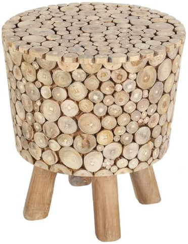 Stylischer Teak Holz-Hocker Merida mit Ästen & Zweigen Verkleidet | Designer Sitzhocker Beistelltisch aus Massivholz | Boho Chic Couchtisch AL7050