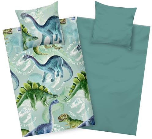 Aminata kids Bettwäsche Dinosaurier 135x200 Jungen Mikrofaser Kinder-Wende-Bettwäsche-Set YKK Reißverschluss - Bügelfrei - Dino-Motiv grün