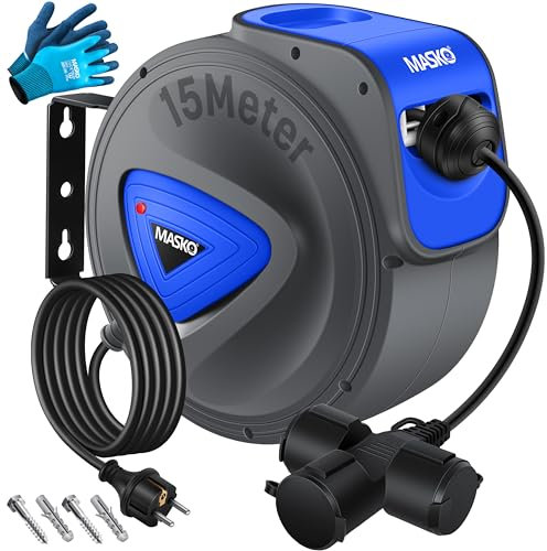 MASKO® Automatik Kabeltrommel Verlängerungskabel 15m mit 3-Fach Anschluss 180° drehbar 1,5m Zuleitung Wandhalterung Werkstatt Kabelaufroller Automatisch Stromtrommel Schlauchaufroller Inkl. Handschuhe