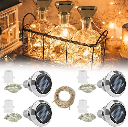 AEUZWR 4 Stück Flaschenlichter, Solar Flaschen, LED Flaschenlichterkette Korken, Flaschen Lichterkette, Diamant Flasche Kupferdraht für Flasche DIY, Weihnachten, Party, Hochzeit, Warmweiß, Silberne