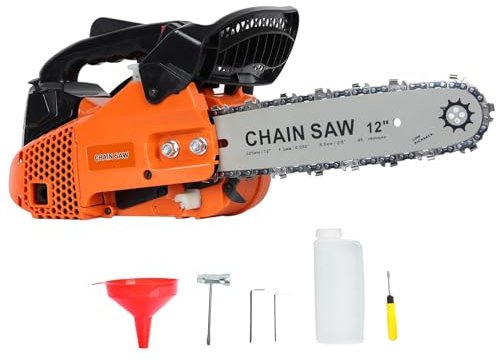 Kripyery Gas Chainsaw 25.4CC 2-Stroke Portable Chain Saw, 12 Inch Top Handle Chainsaw Handheld 2-Cycle Handheld Cordless Petrol Portable Home Gas Small Garden Saw for Wood Cutting Orange