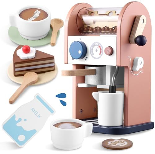GAGAKU Wooden Coffee Maker Toy 15 pcs Play Kitchen Accessories Toy Coffee Maker for Kids Pretend Playset Toddler Coffee Maker Gifts for Boys and Girls