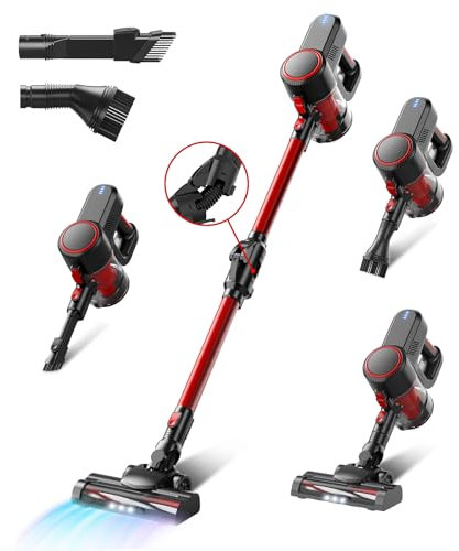 Cyansharp Aspiradora sin Cable, Aspiradora Inalámbrico Manguera metálica, Autonomía 35 Mins 6-en-1 Aspirador Escoba sin Cable Ligera para Hogar Suelos Alfombras Pelo de Mascotas (Rojo)