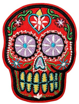 Day of The Dead Sugar Skull Patch – Red Mexican Calavera Iron On Embroidery (7 x 9cm) – Día de Los Muertos Decorative Badge for Jackets, Backpacks & Crafts