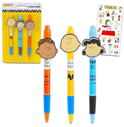 Peanuts Stifte-Geschenkset – Paket mit 3 Charlie Brown Stiften mit Clip und Aufklebern | Peanuts Schreibtischzubehör