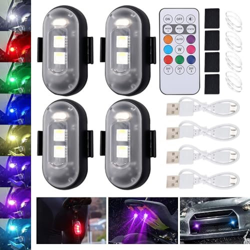 4PCS LED Car Strobe Lights with Remote Control, Remote Control Strobe Light, Rechargeable Car LED Ambient Lights with 8 Colors, 10 Modes, Waterproof Wireless Anti-Collision for Motorcycle, Car