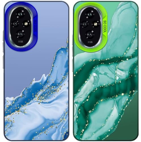 Tedyhulle 2 Pezzi Cover per Honor 200 Pro 6,78, Disegni di marmo estetico, Copertura posteriore del PC dura con TPU Soft Matte Silicone Bumper Custodia protettiva antiurto, Blu e verde