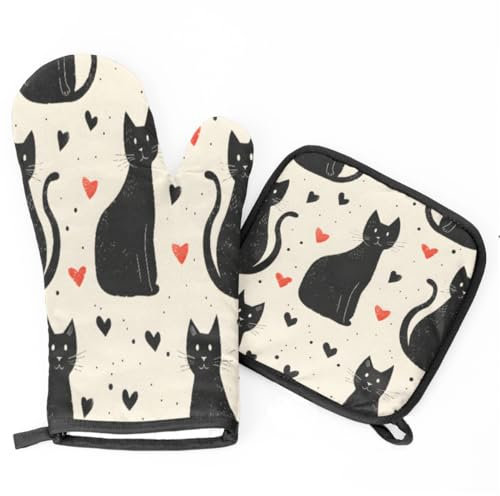 Ofenhandschuhe Suchen Katze Schwarz Topfhandschuhe Premium Qualität Topflappen Set Waschbare Grillhandschuhe Für Backen Barbecue Kochen