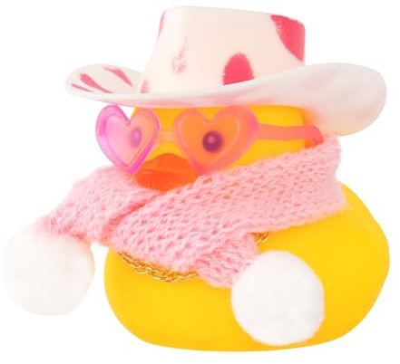 wonuu Niedliche Weihnachts-Winter-Gummiente mit rosa herzförmiger Sonnenbrille, Strickschal, Cowboyhut, Goldkette, Montage erforderlich, Punkt-Rosa