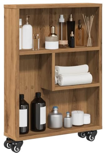 Wooden Home Garden Narrow Storage Trolley Organizer Cart with Wheels Artisan Oak Finish 48x13x68 cm