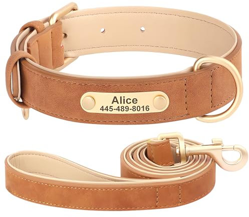 SEOUGEE Hundehalsband und Leine, Leder, personalisierbar, weich gepolstert, strapazierfähig, mit individuellem Namensschild, verstellbar für kleine, mittelgroße und große Hunde (M, Kamelbraun, Set