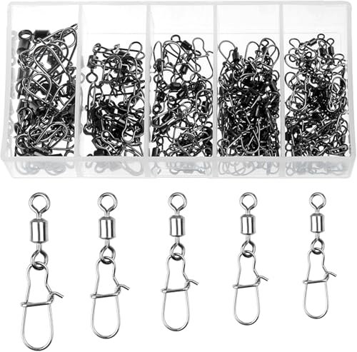 Ysimple 120Pcs Barrel Fishing Swivels with Duo Lock Snaps, Stainless Steel Fishing Tackle Rolling Swivels 4# 6# 8# 10# 12#, Quick Change Swivel for Sea Fishing, Line Connectors, Hooks Swivels