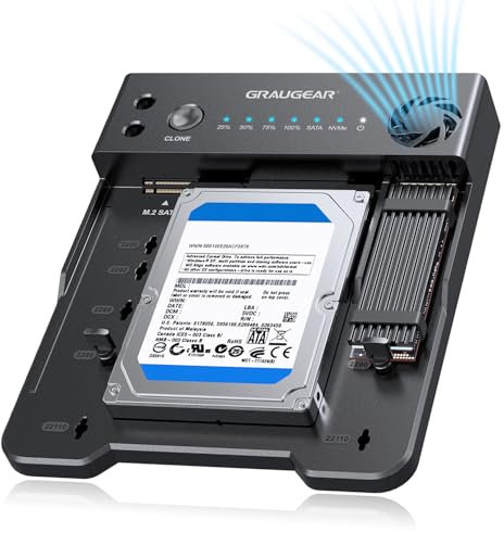 GRAUGEAR Station d'accueil M.2 NVMe et SATA SSD/HDD, USB-C 10 Gbit/s pour M.2 PCIe NVMe + convertisseur SSD et HDD SATA 2,5/3,5, clonage hors ligne, sans outils, ventilateur de refroidissement