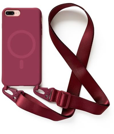 Leather Armor Handykette Hülle für iPhone 6/7/8 Plus(5.5) mit Band Halsband Lanyard (abnehmbar) Handyhülle, Verstellbarer Lanyard.Magnetisch Stoßfest Silikonhülle Wireless Charging kompatibel .-Rot