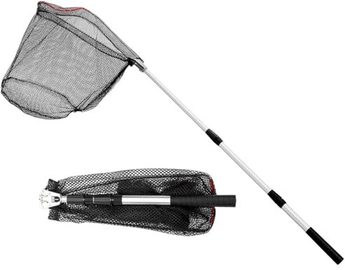 Fishing Kescher Angeln, Fischkescher, 3 Sektionen Teleskopstange aus Aluminiumlegierung mit Faltbare Fischernetz für Erwachsene Kinder,Teich,See (Weißer Pol+schwarzes Netz)