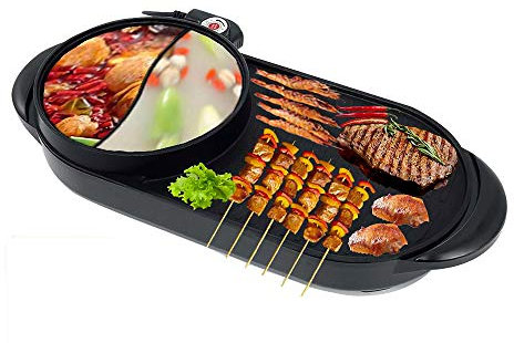 Electric Grill Hot Pot - Portable 2 In 1 Multifunctional Cooker for BBQ, Hot Pot, and Grilling - Double Pot Electric Barbecue and Baking Pan - Integrated Cooker for Home or Outdoor Use