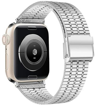 AMSOH Cinturino in acciaio inossidabile per cinturino Apple Watch Ultra 2 49mm 44mm 45mm 41mm 42mm 40mm S10 46mm 42mm Bracciale in metallo per cinturini Iwatch serie 10 9 8 7 6 SE 5 4 cinturini(Silver