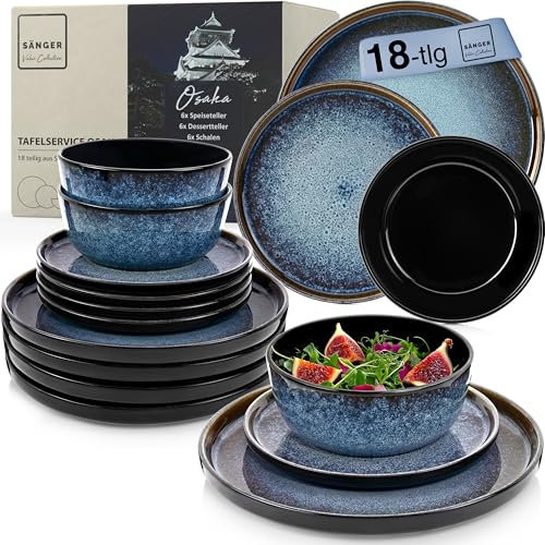 SÄNGER Osaka | Steingut Geschirr Set 18 tlg, Teller Set 6 Personen, Geschirrset 6x Speiseteller 6x Müslischalen 6x Dessertteller, Tafelservice blau mit schwarzem Rand kratzfest | VALUE COLLECTION