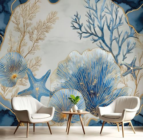 JEDTAKCT Papier Peint Panoramique Corail Doré Coquillages, Papier Peint Mural Photo Motif Vue Bord De Mer Bleu Ciel, Tapisserie Panoramique Salon, Décoration Murale Chambre, 350X256Cm