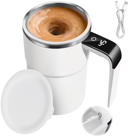 Taza autoagitadora, taza de café automática automática eléctrica de acero inoxidable 380 ml, taza térmica con indicador de temperatura, taza de café USB taza de licuadora magnética con tapa y mango