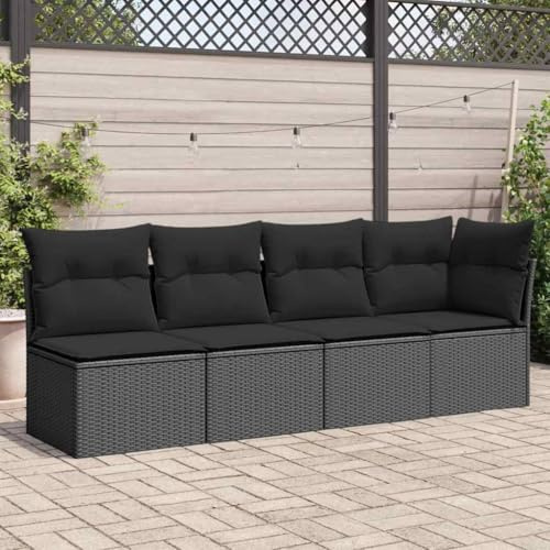 QJBSAVVA Gartensofa 4-Sitzer Schwarz Poly Rattan Eckbank mit dicken Kissen modulares Outdoor Lounge Couch 227 x 62 x 69 cm UV-beständig für Balkon Terrasse und Garten