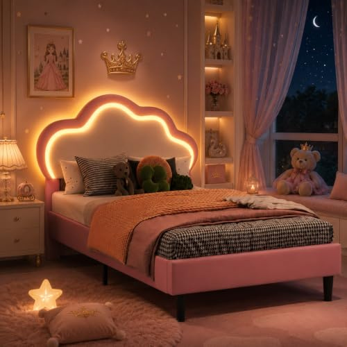 LIVLUX Gepolstertes Bett 90 x 200 cm, Prinzessinnenbett mit verstellbarem LED-Kopfteil und Lattenrost, Mädchenbett, Wolkenförmiges Kopfteil, für Kinder und Jugendliche, PU (Rosa C, 90 x 200 cm)