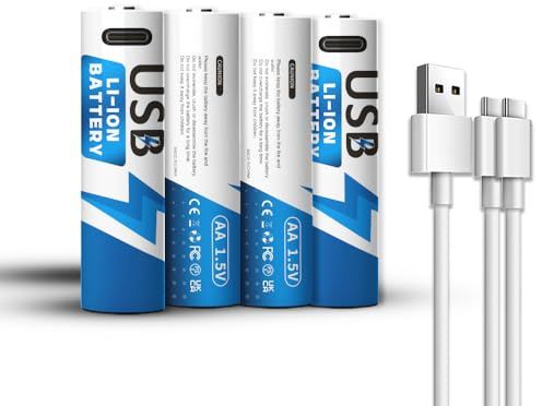 YUEBVIWIE USB-C AA Lithium Akkus 1.5 V (4 Pack), 2600 mWh Mignon AA Type-C Akkubatterien, Wiederaufladbar, 1500 Ladezyklen, inkl. 1-zu-2 Ladekabel & Aufbewahrungsbox für Fernbedienung, Controller