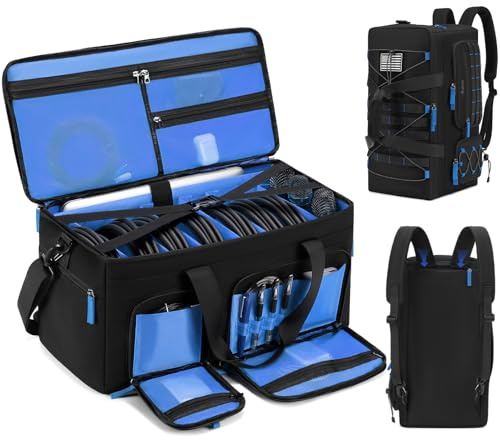 Large Dj Cable Bag with Laptop and Microphone Pocket, Dj Bag for Equipment with 8 Detachable Dividers and Padded Bottom, Dj Gig Bags for Music Gear Accessories, Blue
