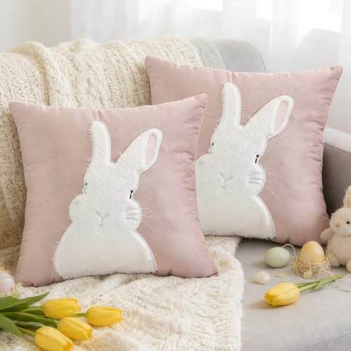 Shengruili 2 Stück Kissenbezüge Osterhase,Ostern Deko Hase Kissenhülle 50x50cm,Kissenhülle Osterdeko Hase Kissenbezüge,Kissen KissenhülleOstern Dekoration,Osterdeko Kissenbezug