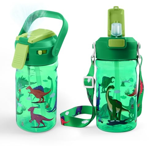 Foyucool 600ml Botella Agua Niño, Dinosaurio Verde | Antigoteo con Función Spray y Pajita Sport, Botella Robusta para Niños, Ideal para Escuela, Aire Libre