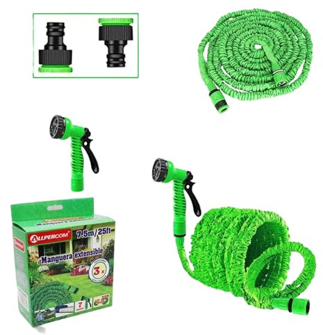 Manguera Extensible de Jardín 7.5 m | Ultra Resistente y Ligera | 8 Posiciones de Riego | Conector Universal Compatible con Grifos 1/2 y ¾ | Color Verde |Fácil Instalación (7.5m-longitud)