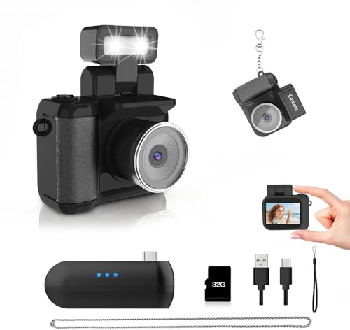 Mini Digitalkamera Vintage 1080P, kleine Schlüsselanhängerkamera mit 1,4 Display & LED-Licht, Retro Taschenkamera mit 32GB Speicher für Vlogging.Abschlussgeschenk(Schwarz)