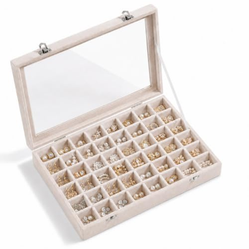 ORGENYOYO 48 Grid Earring Storage Organiser,Velvet Jewellery Tray with Lid | Women Earring Box,Fits Studs,Rings and Necklaces,Dust-proof Glass Top,Lockable Design,Adjustable Grid,for Jewellery Collector