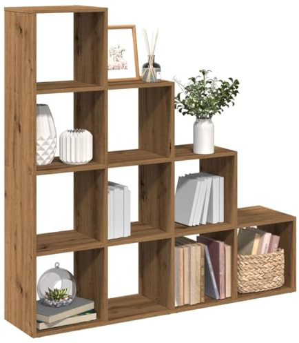 Kaloriko Raumteiler Bücherregal 4 Stufen Artisan-Eiche Holzwerkstoff 131,5x29x131,5 cm stabiles Stufenregal mit 10 Fächern für Wohnzimmer Schlafzimmer Büro Aufbewahrung und Stauraum