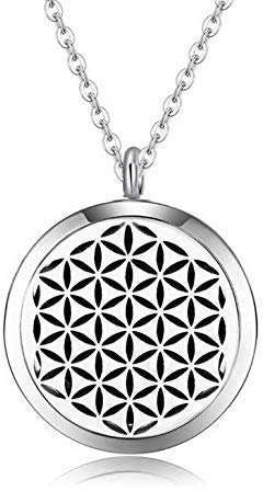 Aroma Diffusor Blume des Lebens Anhänger Edelstahl Größe 30mm + Edelstahl Halskette 55cm - Diffuser Aromatherapie für Aromaöl mit 4 farbigen Filz-Pads