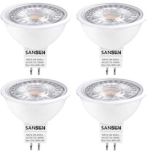 SANSUN MR16 GU5.3 LED Light Bulbs - 50W Equivalent Halogen Bulbs, Warm White 3000K 12V 5W LED Spotlight Light, Non-Dimmable, Pack of 4
