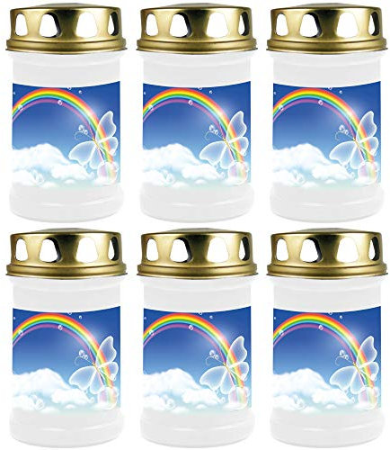 HScandle Grabkerze - 6er Pack - (Weiß) Grablicht ca. 48h Brenndauer je Kerze - Motiv: Regenbogen 2