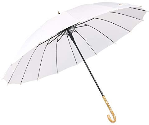 ThreeH Holzgriff Regenschirm Sturmfest Wasserabweisend Windsicher Automatik Golfschirm Tragbar Stockschirm KS08,White