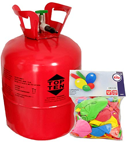 TOP TEN Helium Ballongas für bis zu 50 Luftballons inkl. 100 Stück Latex Luftballons 0,36m³