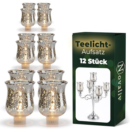 12 Stück Novaliv Teelichtaufsatz Silber Glasaufsatz für Kerzenleuchter Kerzenständer Glas Adventskranz Teelichthalter Stabkerzenhalter Weihnachten Kerzenpick